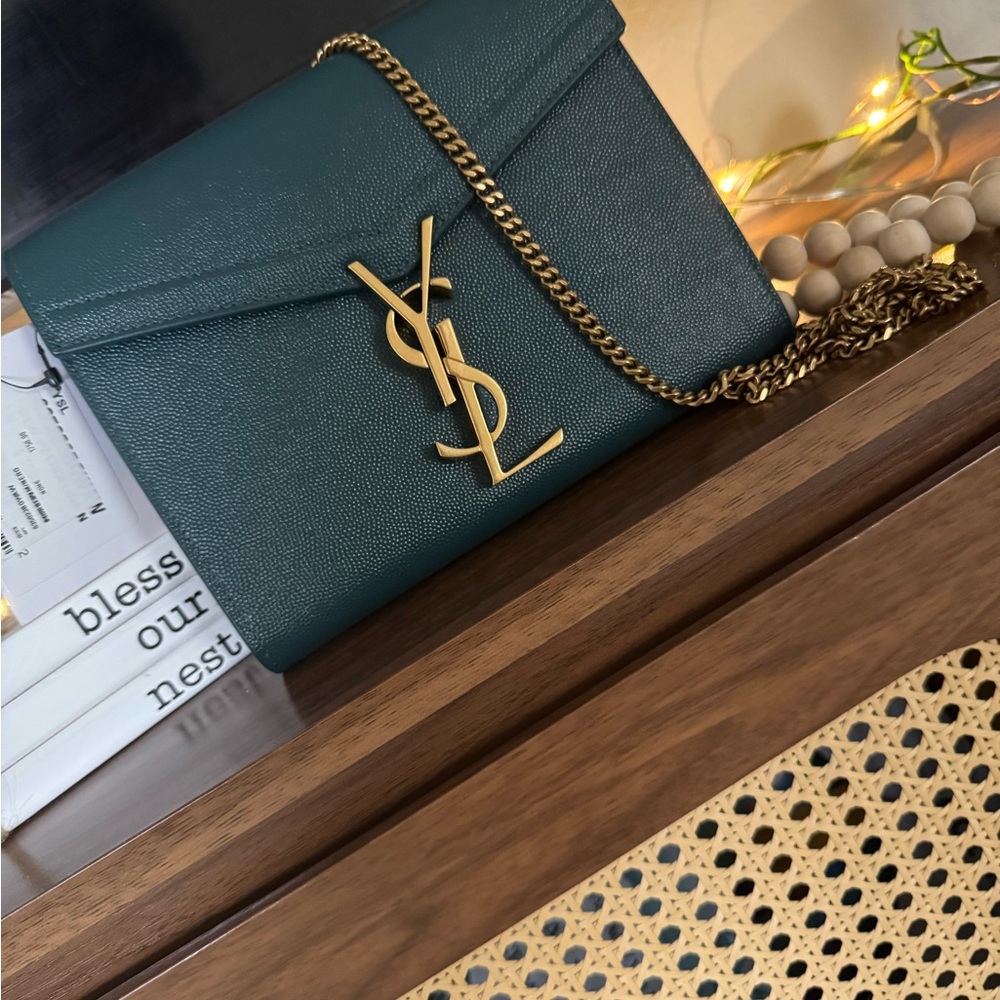 Yves Saint Laurent Dark Green Clutch with Gold Chain